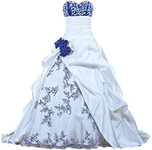Zorayi Élégant Bustier Broderie Robe de Mariée Taffetas et Organza A-Ligne Longue Blanc & Bleu Taille 42