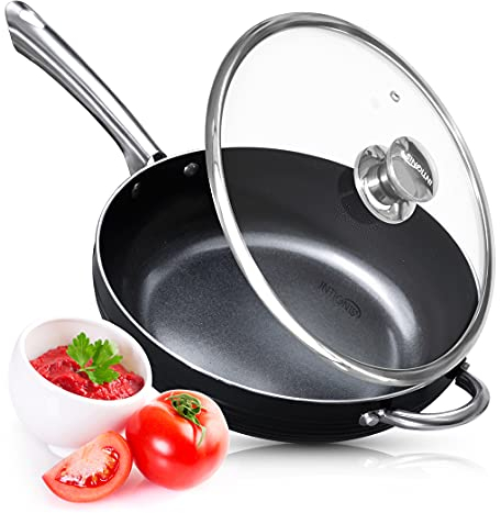 INTIGNIS Padella a induzione con coperchio in vetro, bordo alto, rivestimento antiaderente chimico rinforzato in ceramica, coperchio in vetro a prova di forno (28 cm, Black)