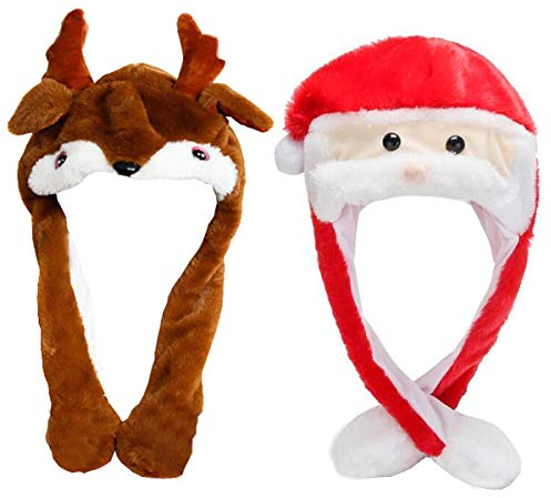 Liuer 2 Stück Weihnachtsmütze,Plüsch Nikolausmütze Roter und Elchmütze Beweglichen Ohren Weihnachtsmützen für Erwachsene und Kinder für Weihnachts und Weihnachtsfeiern Weihnachtskonzert
