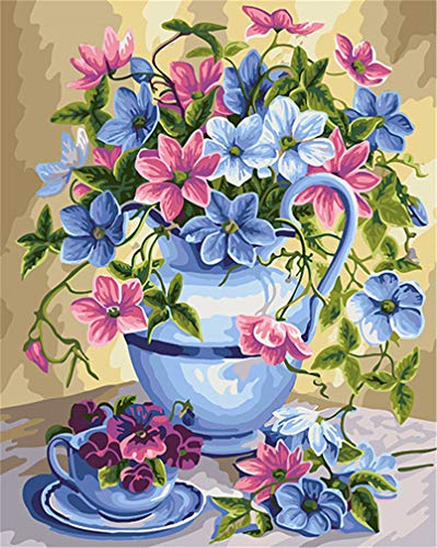 Awesocrafts Paint by Numbers Kits, Plumeria Rubra 'Acutifolia', Flowers in Mason Jars, Tea Set Number Painting for Adults and Kids 16x20 inch Framed (Flowers, Framed)