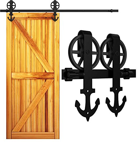 WOLFBIRD 213cm (7FT) Hardware Schiene Kit Schiebetür Rolle Großes Rad, Verwendet für Schiebetürbeschlag Set Schiebetürsystem Interne Einfache Holz, Schwarz