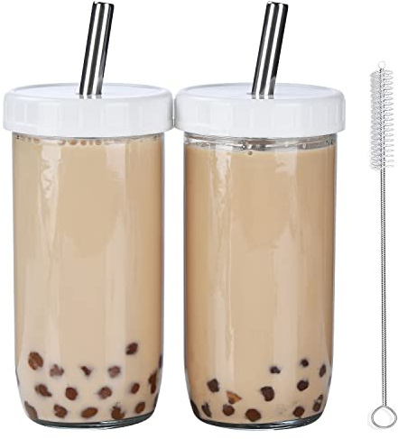 ALINK Bubble Tea Cups 2-Pack, Reusable Wide Mouth Tumbler Smoothie Cups, Iced Coffee Cups with Lids and Straws Mason Jars Glass Cups (24oz)