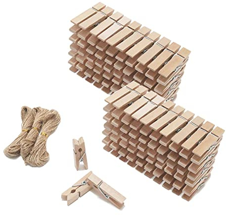 250 x Mini Holzklammern mit Juteschnur, 3,5CM Natur Klein Klammer aus Holz | Deko Klammern, Kleine Holzclips, Wäscheklammer für Fotopapier Stöpsel DIY-Liebhaber mit 30m Jute Twine