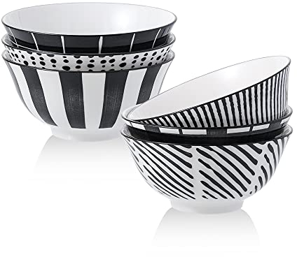 Cuencos Desayuno Bol Sopa Ceramica - Juego de Tazones de Cereales Ensalada de 700 ml en Porcelana - 6 Boles de Japones en Negro y Blanco - Set Cuenco Ramen para Arroz | Consome | Gazpacho - 15,7 cm
