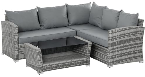 Outsunny Set Mobili da Giardino in Rattan PE da 4 Pezzi, Salotto con Divano Angolare e Tavolino con Vetro, Cuscini Imbottiti e Sfoderabili, Grigio