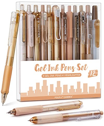 Four Candies Gelstifte, Schwarz & Brauner Gelschreiber mit Textmarker, Gel Pens Aesthetic School Stuff, Schulsachen Set mit 12 Stiften - Moor Serie