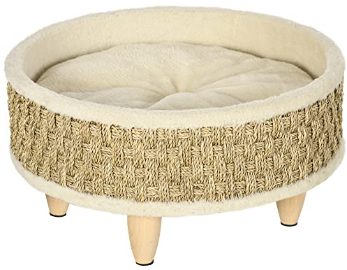 PawHut Erhöhtes Haustiersofa, Luxus katzensofa mit waschbarem Kissen, Haustierbett Hundeliege mit Seegrasseil und Holzbeine, Hundecouch, Rund, Indoor, Beige+Khaki, 48 x 48 x 24,5 cm