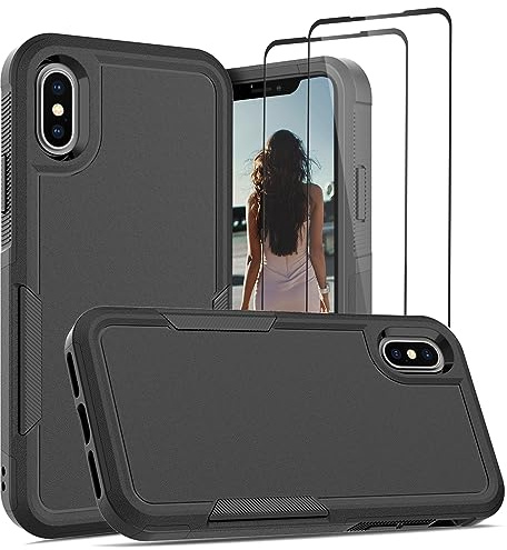 Jeylly for iPhone X Case, iPhone XS Case with [2 Pack Tempered Glass Screen Protector] Shockproof Soft Silicone Bumper Thin Slim Full Body Protective Cell Phone Cover for iPhone X/XS 5.8'', Black