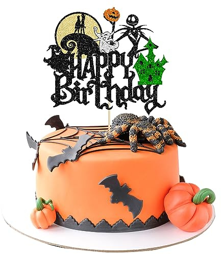 Gyufise 1Pcs Halloween Happy Birthday Cake Topper Glitter Jack and Sally Pumpkin Bat Castle Ghost Halloween Cake Pick for Halloween Theme Baby Shower Kids Birthday Party Cake Decorations Supplies