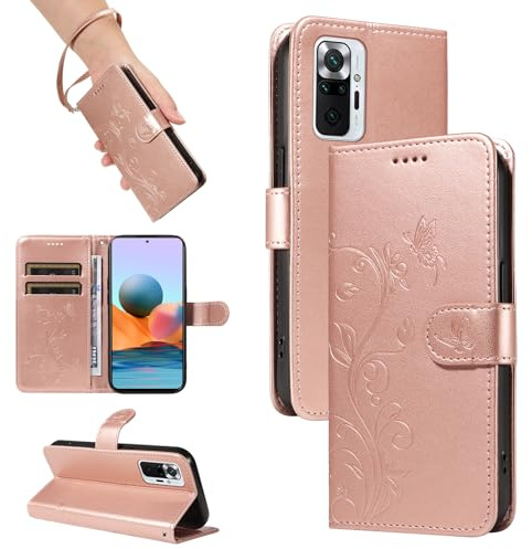 SRISHP Hülle für Redmi Note 10 Pro 4G Handyhülle, Rosé Gold | Premium PU Leder, Handyhülle Mit Band, Magnet Flip Case, Kartenfächer, Ständer Klappbar Tasche, Standfunktion Schutzhülle