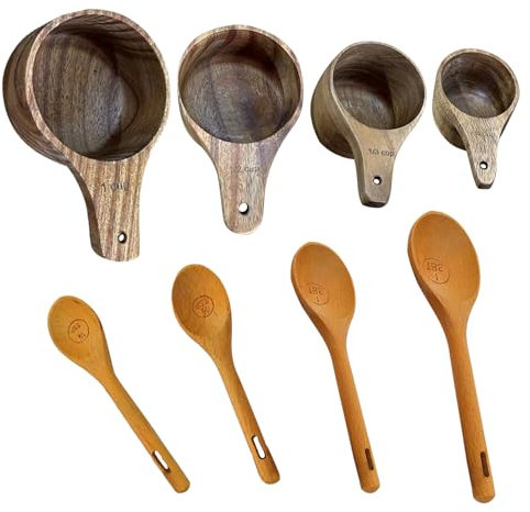 8 stücke Küche Holz Messbecher und Löffel Set, Holz Messbecher Holz Messlöffel Küchenutensilien Backen Kochen Werkzeuge