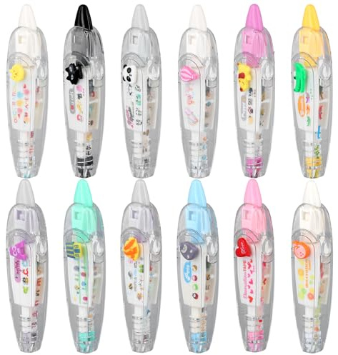 PEUTIER 12uds Animal Bolígrafo Decorativo Tipo Prensa, 12 Estilos Dibujos Animados Blanco Bolígrafo con Cinta Bolsillo Encaje Bolígrafo con Cinta Correctora para Manualidades Diario Recompensas Clase