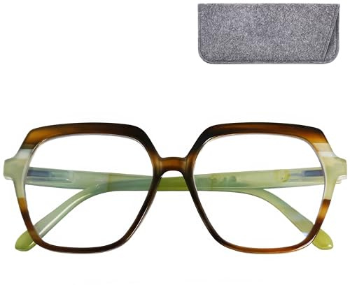 Mini Brille - Gafas Luz Azul Mujer Oversize Retro y Lentes Hexagonales Grandes, Funda Inclusa, Montura el Plástico (Verde), Modernas Gafas Para Pantallas de Ordenador +2.5 Dioptrías