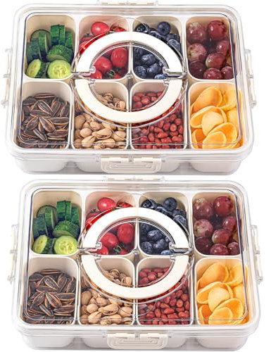 shopwithgreen 2Pcs Divided Serving Tray with Lid and Handle, Portable Snackle Box Snack Containers for Charcuterie, Party, Veggies, Snack, Fruit, Nuts, Candy, Chip, Entertaining, Picnic