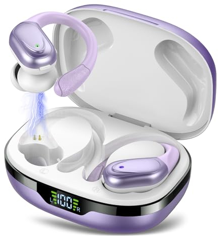 Bluetooth Kopfhörer Sport, Kopfhörer Kabellos Bluetooth 5.3, 60 Std Kabellose Kopfhörer mit Tiefer Bass, In Ear Kopfhörer mit 4 ENC Klarer Mic, IPX7 Wasserdichte Ohrhörer mit Ohrhaken Perle Lila