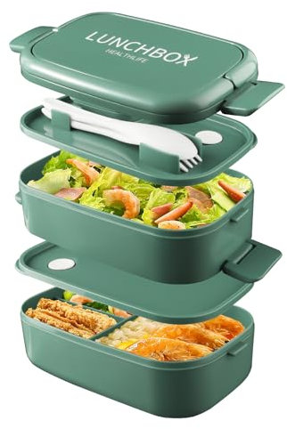 HENSHOW Lunch Box 2 Strati, Porta Pranzo con 4 Scomparti, 1500ML Scatole Bento Box Include Forchetta e Cucchiaio, Sicuro Per Microonde, Contenitore Pranzo Impilabile per Ufficio (Verde)
