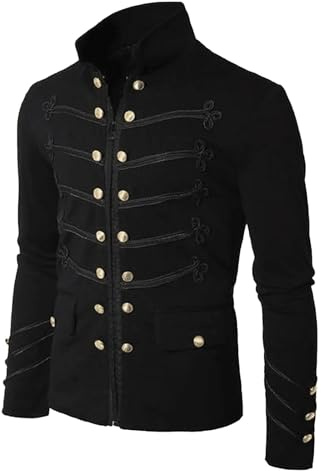 Rrongwn Hussar Napoléon Manteau steampunk pour homme - Veste de batteur militaire - Veste médiévale - Veste victorienne - Uniforme gothique - Frack pirate vampire - Cosplay - Costume d'Halloween, Noir