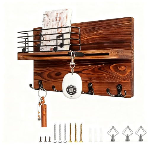AMONENZ Porte Clé Mural, Accroche Clef Mural, Bois de Pin Rangement Clef Mural, avec 4 Crochets Doubles, Rangement Clef pour Couloir, Chambre, Salon