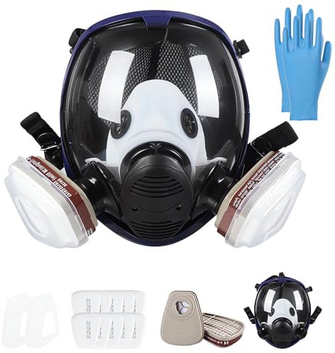 Sosvulix Wiederverwendbare Vollgesichts-Atemschutzmaske, Gasmaske Vollgesichtsmaske, industrische Staubschutzmaske für sprühen, schleifen,Malerei,Polieren,10 Filtrierbare Wattepads,5 Paar Handschuhen