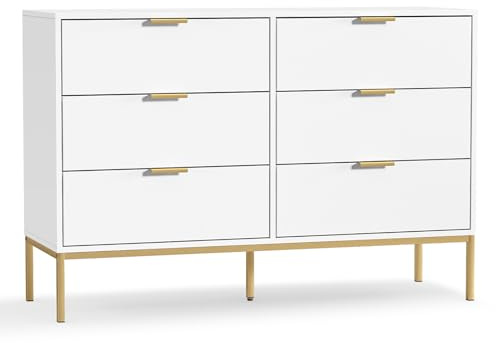 Skokliz Modern 6 Drawer Dresser, White Dressers for Bedroom, Chest of Drawers Closet Organizers and Wood Storage Clothes, White Dresser with Golden Handles for Living Room, Hallway
