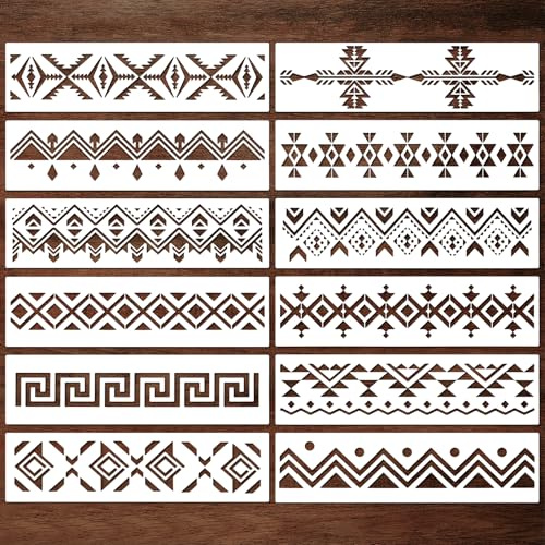JSRQT 12 Plantillas aztecas para Pintar, Plantilla de Pintura Pared en Spray Reutilizables DIY, Painting Stencils Bordes Boho para Madera/Paredes/Lienzo/Muebles (28 x 7.6 cm)