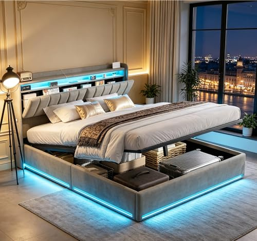 QMTXBYJ Polsterbett Doppelbett 140x200 mit LED-Beleuchtung und Aufladen USB,Jugendbett Betten mit Stauraum Kopfteil und Lattenrost,Stauraumbett 140x200 mit Hydraulisch,Samt (Grau, 140 x 200cm)