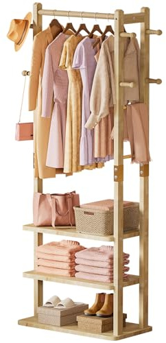 Yorbay Perchero de madera, Perchero independiente con 3 estantes, 6 ganchos, 1 barra de ropa, guardarropa para ropa, sombrero, chaquetas, bolso, para sala de estar, dormitorio, oficina