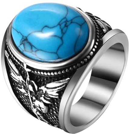 JewelryWe Helig Michael-ring med turkos: Rostfritt stål herrring Erängel St Michael-ring herr sigillring med blå oval turkos retro skydd fingerring katolsk skyddshelgonsmycke storlek 70, Turkos