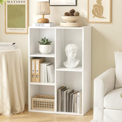 Nordivale Small Bookcase, Book Shelf, Corner Shelf Unit, 5 Cube Storage Unit, White Storage Shelves Free Standing for Living Room, Bedroom, Study Room & Office, 1 Pack