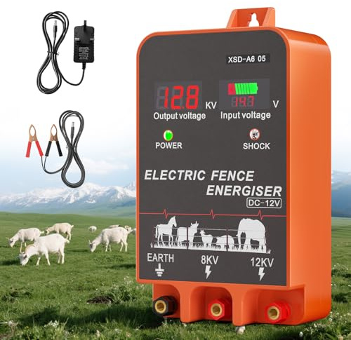 Trsaow Electric Fence Energiser 12V 2J, 10 km Range,IP44 Electric fence posts, Electric Fence Tester Insulators, Weatherproof Kit for Horses, Cattle, Pigs, Goats, 2J Output, 3 Ways to Power