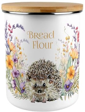 Purely Home Floral Hedgehog Bread Flour Storage Canister - 2.7L Extra-Large Enamel Kitchen Baking Tin Gifts