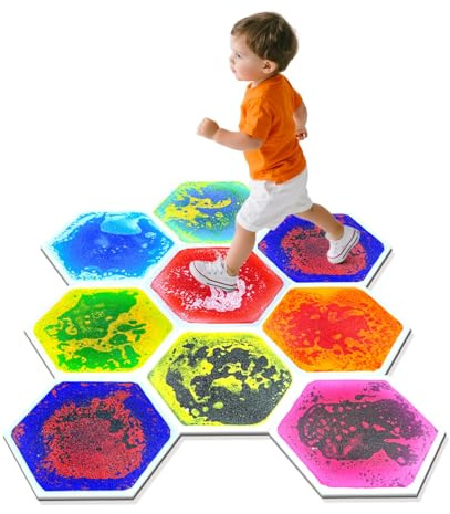Set de Nueve Piezas Alfombra Sensorial Hexagonal - Baldosas Líquidas para Suelo con Burbujas Flotantes, Rompecabezas Creativo para Juego Sensorial, Habilidades Motoras y Estimulación Táctil