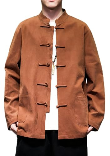 Chinese Traditional Clothes Tang Suit Men Hanfu Long Sleeve Top,Kung Fu Jacket Tai Chi Arts Uniform (US, Alpha, 3X-Large, Regular, Regular, Brown)
