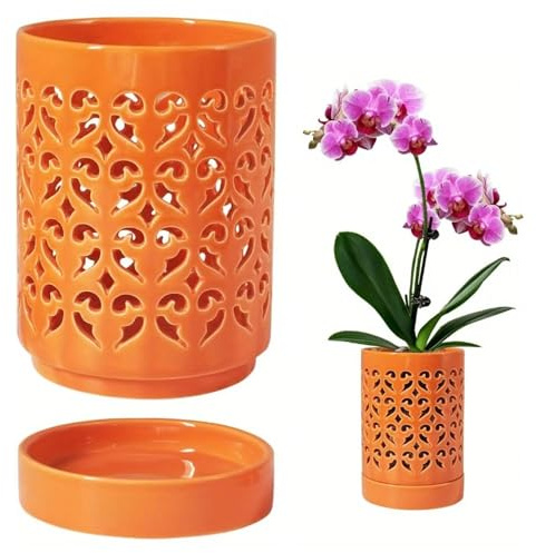 Wilafury Macetas para orquídeas Transpirables, macetero de orquídeas de 4 Pulgadas con Agujeros, platillo y Maceta de cerámica de Drenaje para Plantas de Interior y Exterior (Naranja)