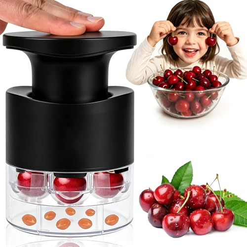 7 Hole Cherry Pitter with Collection Container, Push Type Cherry Stoner, Portable Easy Squeeze Cherry Pip Remover, Destoner for Cherries, Cranberries, Jujubes (Black)