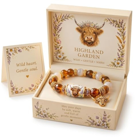 Comforso Beaded Bracelets for Women, Highland Cow Bracelet with Charm, Highland Cow Gifts for Women in Gift Box, Stretch Fit Western Style Jewelry, Glass Beads Gold Accents Ceramic Centerpiece