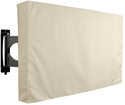 Funda protectora universal resistente al agua de color beige para usar en exteriores, para televisores de plasma, LED y LCD compatible con soportes y soportes de pared estándar. Con bolsillo integrado para el mando a distancia.