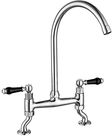 Peppermint Traditional Kitchen Bridge Sink Mixer Tap 2 Hole Dual Lever Monobloc Chrome Victorian Kitchen Taps with Black Ceramic Handles Brass Adjustable Faucets 360° Swivel Deck Mounted