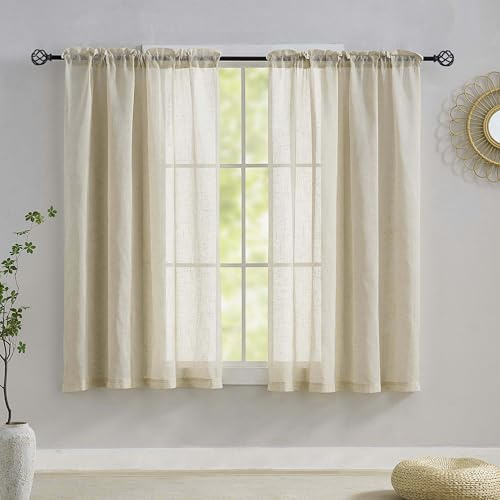 Home Brilliant Short Premium Linen Look Semi Sheer Net Curtains 45 inch Drop, Net Curtains for Kitcken Voile for Bedroom, 54 x 45 inch Drop, Set of 2
