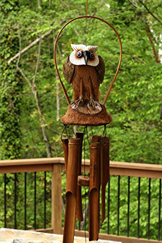 G6 Collection Handgefertigtes Windspiel aus Holz mit Eulenmotiv, aus Bambus, Holzstatue, Skulptur, Kunst, dekorativ, rustikal, Dekoration, handgefertigte Dekoration (stehender Eulenspiel)