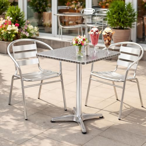 Mojawo® Bistrogarnitur 3-teilig Bistrotisch Aluminium eckig 60x60cm H70cm / 110 cm höhenverstellbar + 2 Stapelstühle Aluminium