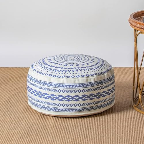 MOCOFO Ungefüllte runde Hockerabdeckungen Boho Bunte geometrische osmanische Hockerabdeckung mit Griffdesign, Dekoration Fußschemel für Wohnzimmer, Schlafzimmer, Terrasse (blau, 45x45x20cm)