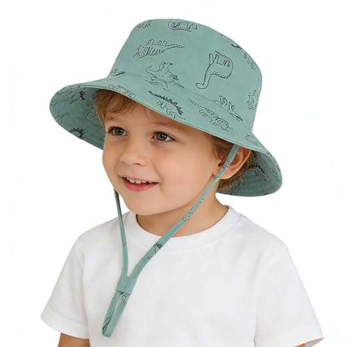 Baby Sun Hat Dinosaur Bucket Hat Adjustable Beach Sun Cap for Toddler&Kids | Adjustable chin strap for snug fit.Wide brim UPF 50+ UV protection.Breathable fabric.Toddler sun hat for infant&kids outings.
