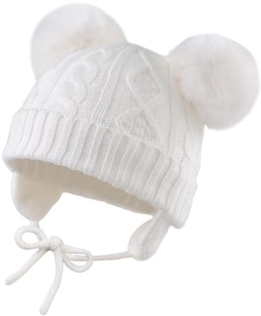 XIAOHAWANG Tricoté Bébé Bonnet Fille Garçon Hiver Chapeau pour Enfant Tout-Petit Toque avec Pompon (2 à 6 Ans, Blanc)