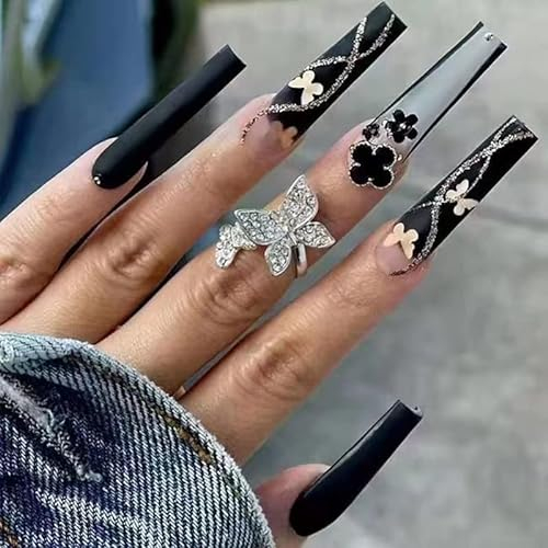 Brishow Schwarze Künstliche Nägel Lange Nägel zum Aufkleben Press on Nails mit Gold Schmetterling Ballerina, Acryl Falsche Nägel 24 Stück für Frauen und Mädchen