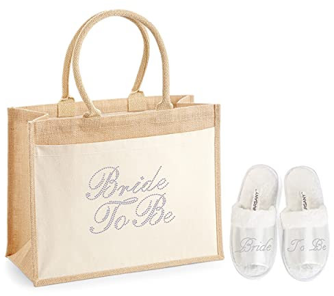 Varsany Hochzeit Luxus Mode Tote Jute Tasche mit Tasche und Hausschuh Set Braut, Junggesellinnenabschied, Geschenktüten Handgemacht, Taschen für Frauen, Reisen, Strand, Bride to Be