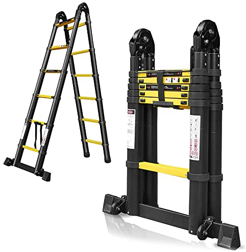 Cecaylie Escalera telescópica Plegable de Aluminio, 5 m, Antideslizante, Color Negro, Multiusos, 150 kg/330 Libras, Capacidad de Carga (2,5 + 2,5 m)