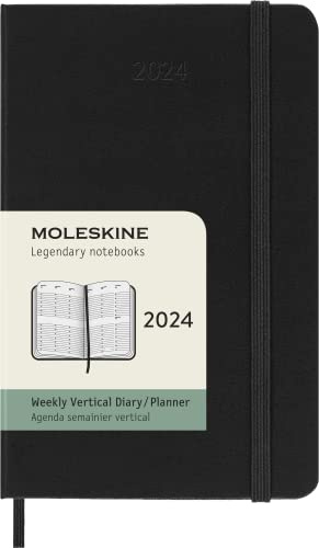 Moleskine Agenda Settimanale Verticale 12 Mesi 2024, Agenda 2024, Formato Pocket 9x14, Copertina Rigida e Chiusura Elastica, Colore Nero