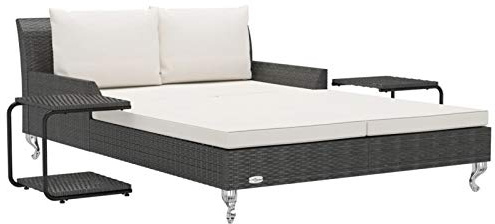 Tidyard Sun Lounger, 2-Person Garden Sun Bed with Cream White Cushions, Black Synthetic Poly Rattan, Powder-Coated Steel Frame, Rectangular Design 52x78.7x28 Inch for Patio and Outdoor Relaxation