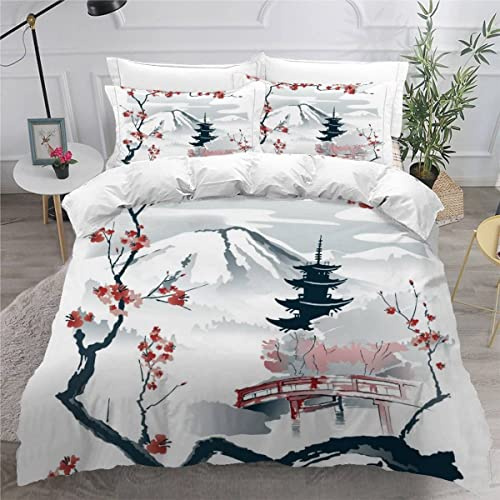 OENISE Housse de Couette 240x260 Adulte Fleurs De Cerisier 3D Parure de Lit 2 Personnes en Respirante Microfibre Style Japonais Linge de Lit 3 Pièces avec Fermeture Éclai et 2 Taie d'oreiller 50x75